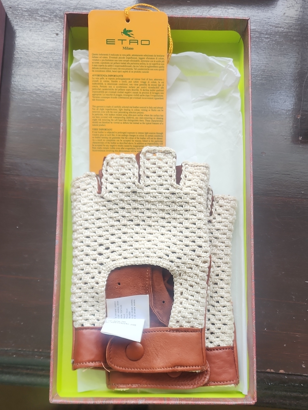 Etro Cream Crochet and Brown Leather Fingerless Gloves